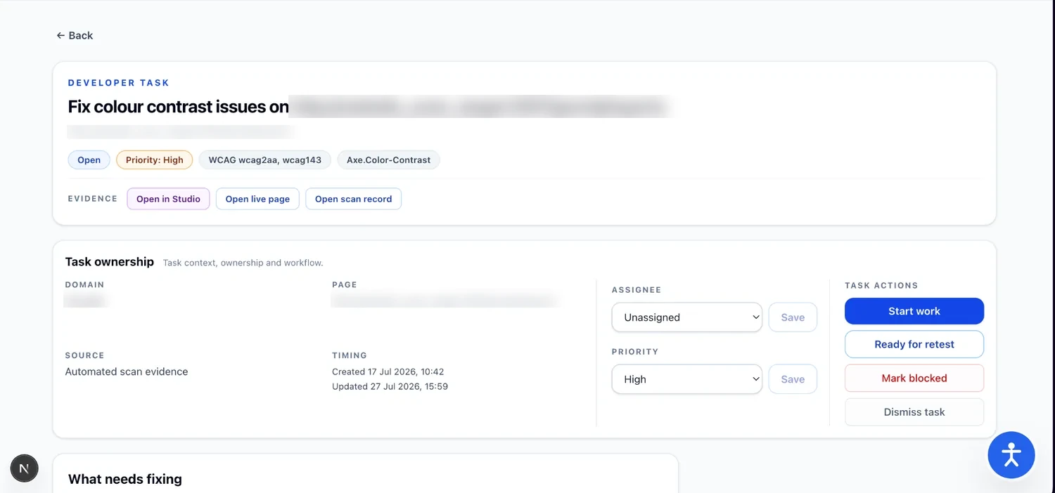 AAI Developer Task showing WCAG context, priority, evidence, ownership, Start work, Ready for retest, and blocked workflow actions