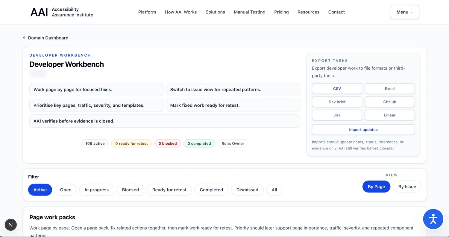 AAI Developer Workbench showing filters, page and issue views, workflow states, and developer task export options