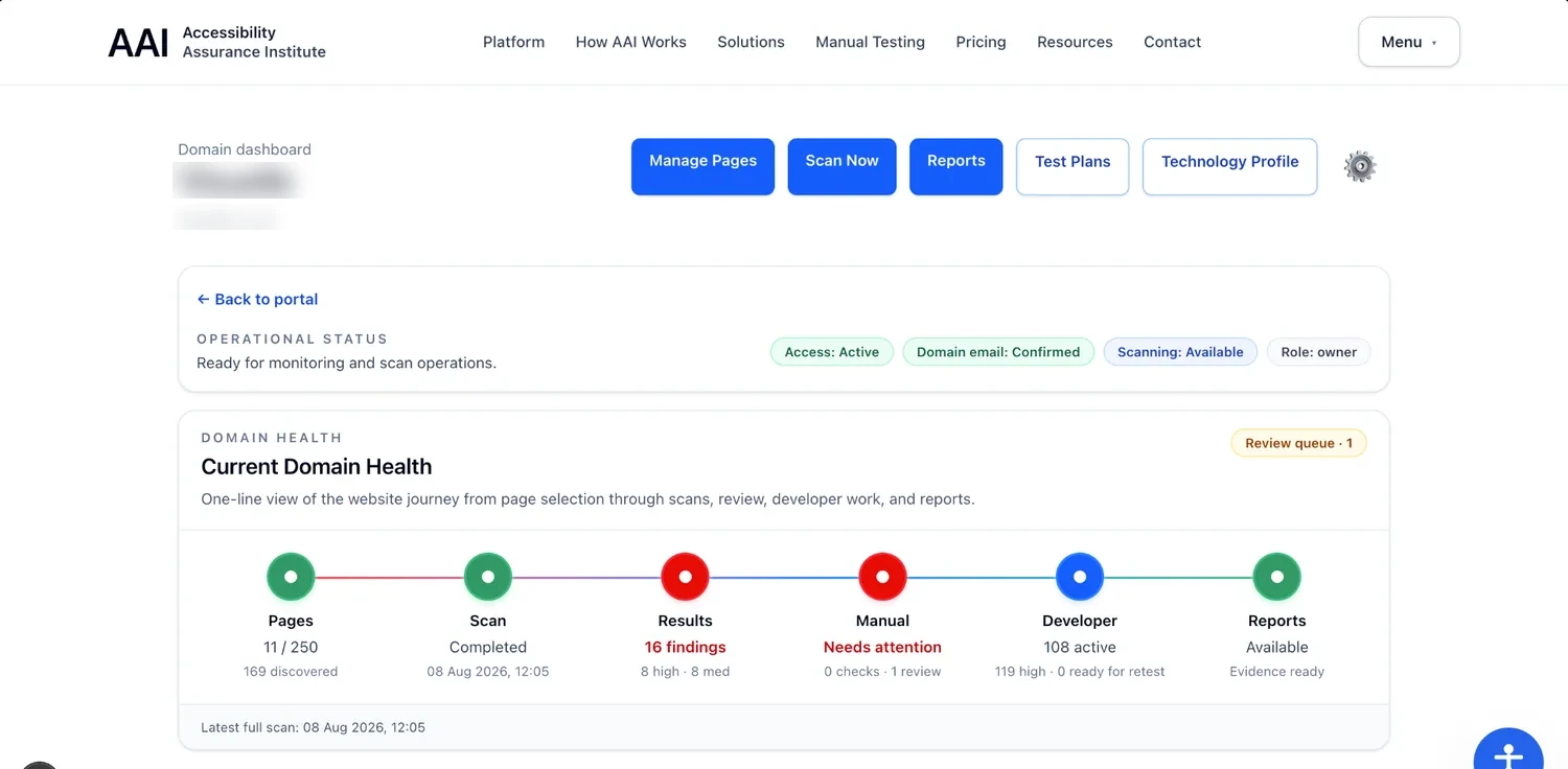 AAI Domain Health screen showing Pages, Scan, Results, Manual, Developer, and Reports as one connected accessibility journey