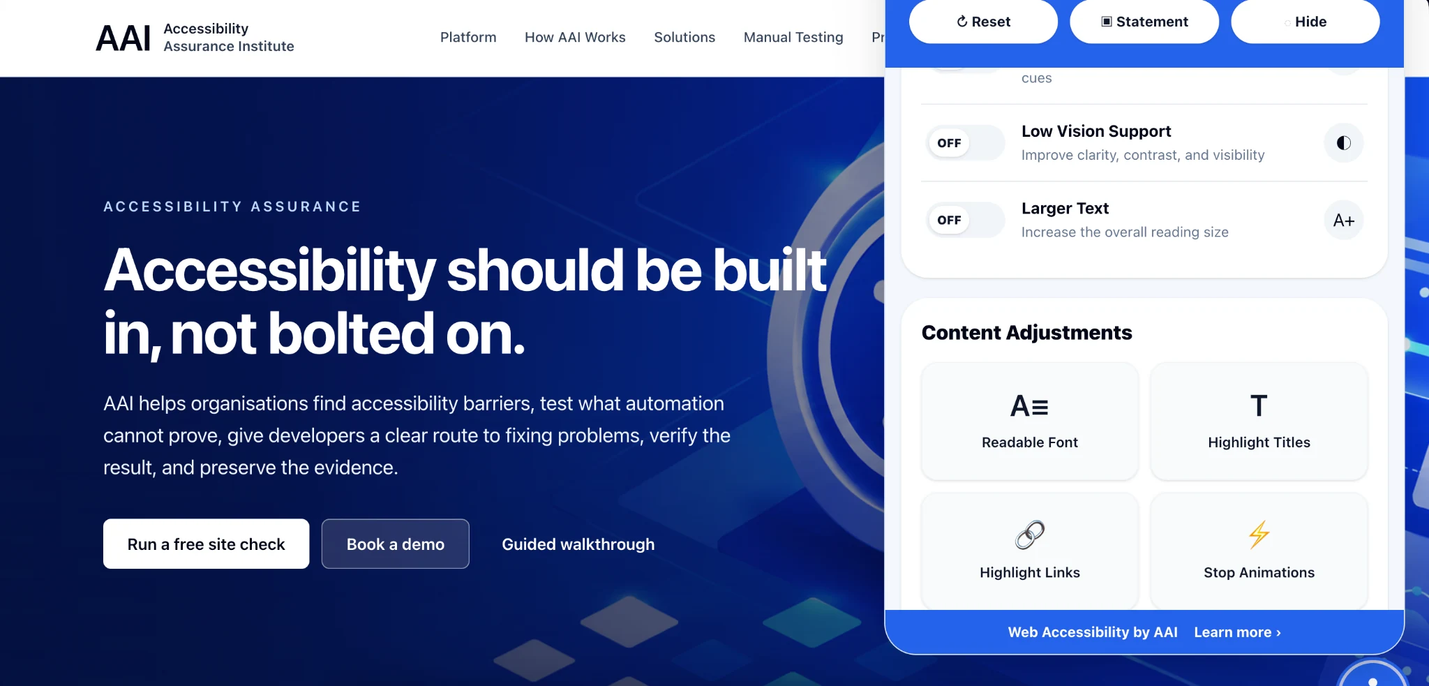 AAI website with the AAI Accessibility Widget open, showing accessibility controls including readable font, highlighted titles, highlighted links, and stop animations.